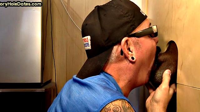 Greedy gloryhole DILF sucks black cock till cum in mouth