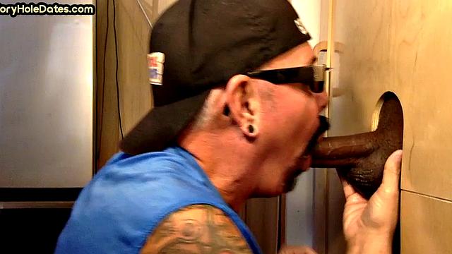 Greedy gloryhole DILF sucks black cock till cum in mouth