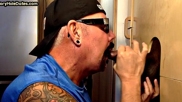 Greedy gloryhole DILF sucks black cock till cum in mouth