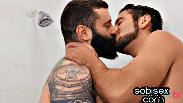 pierced babe gives head to 2 dicks