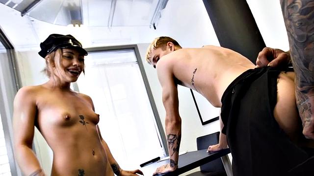 Bisexual inked babe licked and fucked in uniform 3way