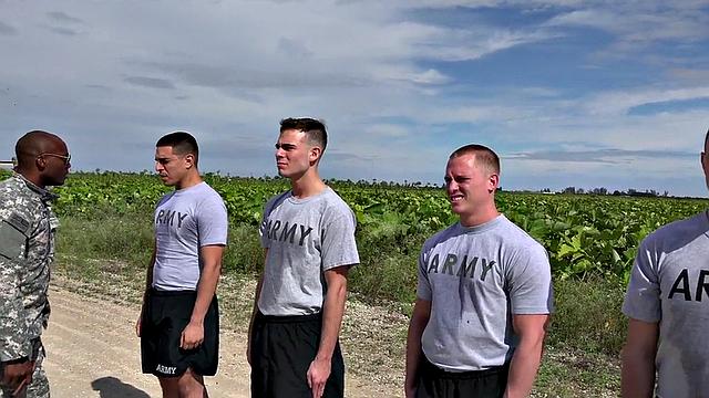 Black army stud rimmed in outdoor anal orgy