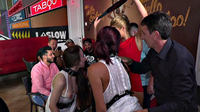 Public sluts fucked and facialized in whipping orgy