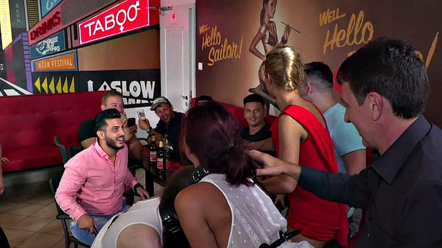 Public sluts fucked and facialized in whipping orgy