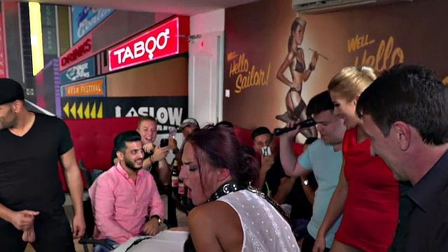 Public sluts fucked and facialized in whipping orgy