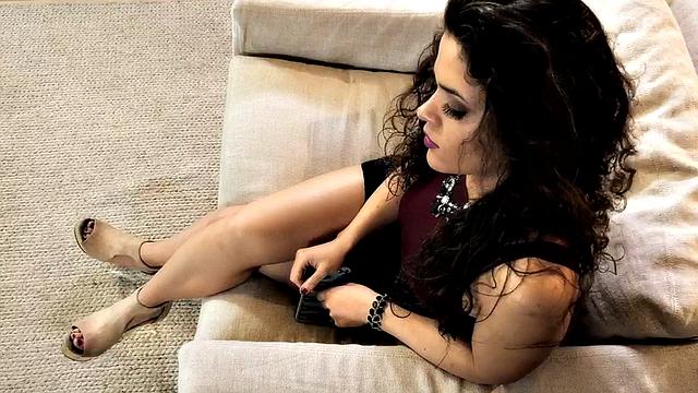 Petite brunette and her BFF have their first lesbian dildo session in the living room