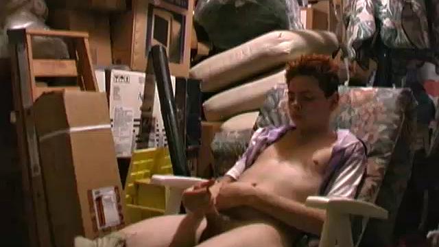 Redhead 18 year old skater Rusty Clark has found a comfortable chair in the storage room to drop his pants and jack off. This young man has a very high sex drive, so he's gotten good at finding places to quickly slip into and beat off.