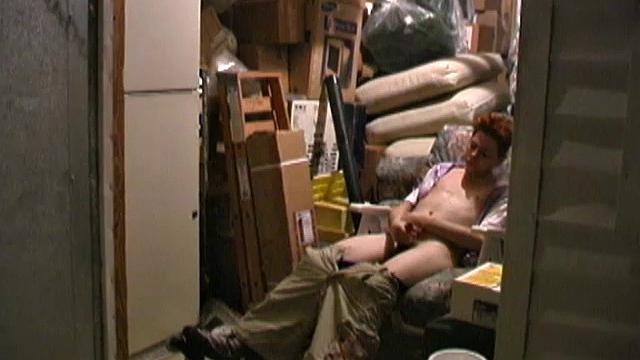 Redhead 18 year old skater Rusty Clark has found a comfortable chair in the storage room to drop his pants and jack off. This young man has a very high sex drive, so he's gotten good at finding places to quickly slip into and beat off.