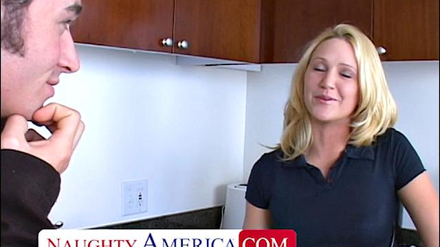 Alexis Malone takes a young cock in the kitchen