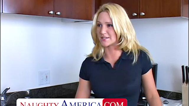 Alexis Malone takes a young cock in the kitchen