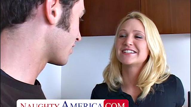 Alexis Malone takes a young cock in the kitchen