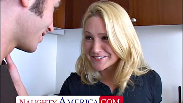 Alexis Malone takes a young cock in the kitchen