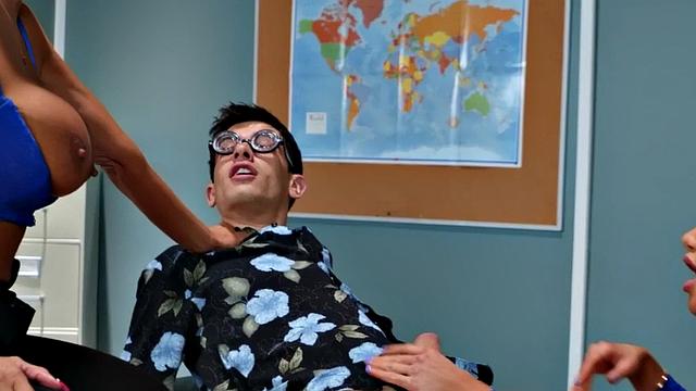 Busty blondes in fishnets give a sloppy blowjob & get pounded by a young guy