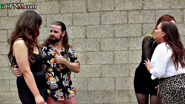 CFNM femdom group BJ and HJ by British chicks