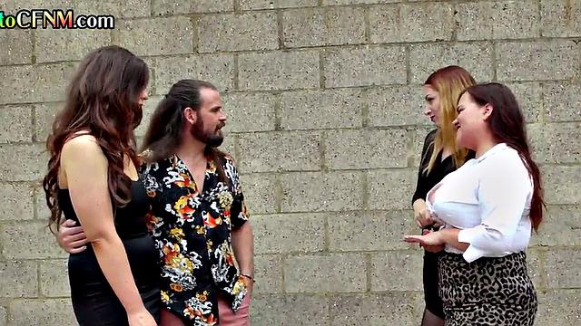 CFNM femdom group BJ and HJ by British chicks