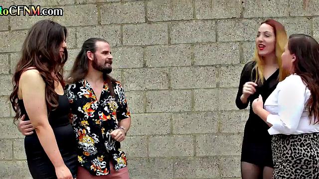 CFNM femdom group BJ and HJ by British chicks