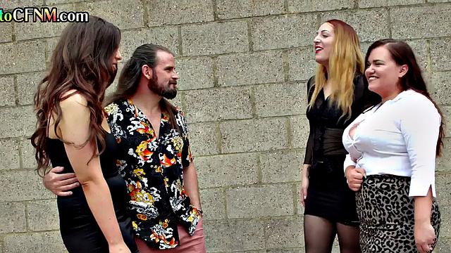 CFNM femdom group BJ and HJ by British chicks
