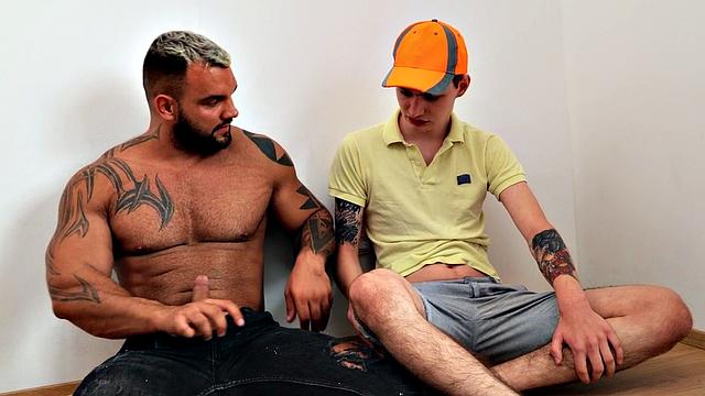 Tattooed hairy legs deepthroat twink by hunk BF