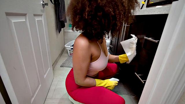 Curly ebony lady with big booty deepthroating in POV