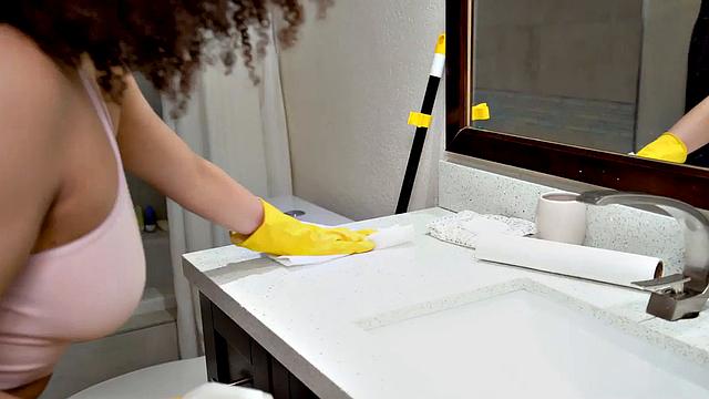 Curly ebony lady with big booty deepthroating in POV