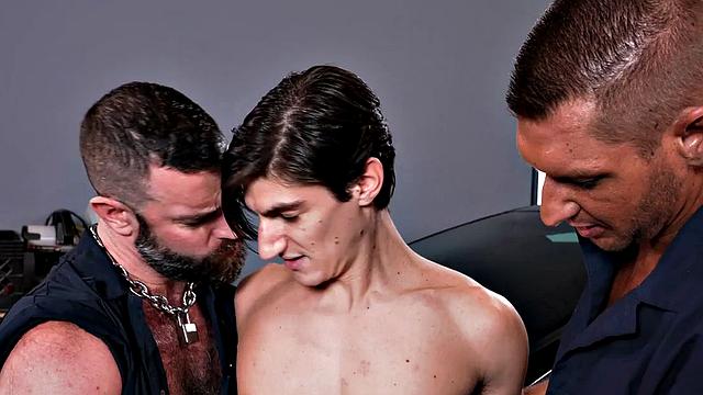 Skinny gay fisted in 3some by mechanic gays