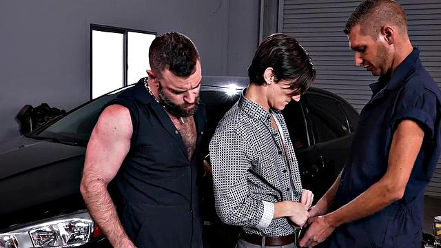 Skinny gay fisted in 3some by mechanic gays