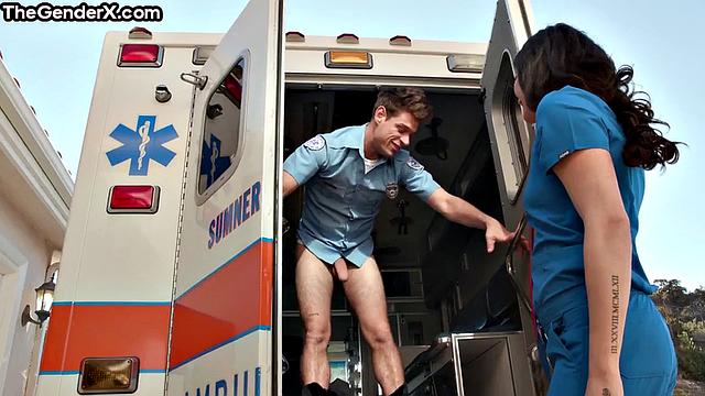 Trans nurse deepthroating doctor in a van