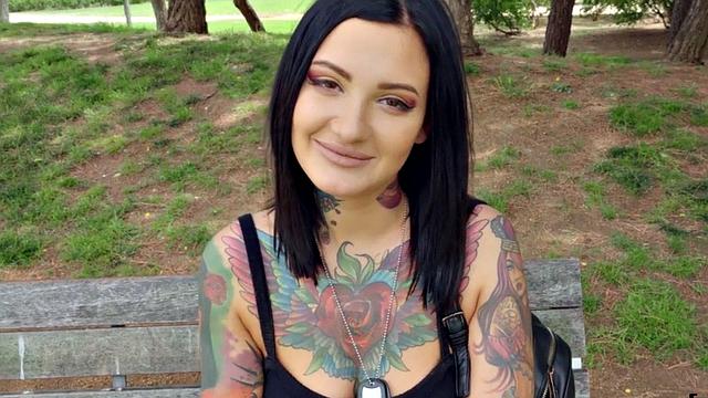 Inked babe picked up outdoors for sex after sucking dick