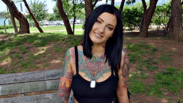 Inked babe picked up outdoors for sex after sucking dick
