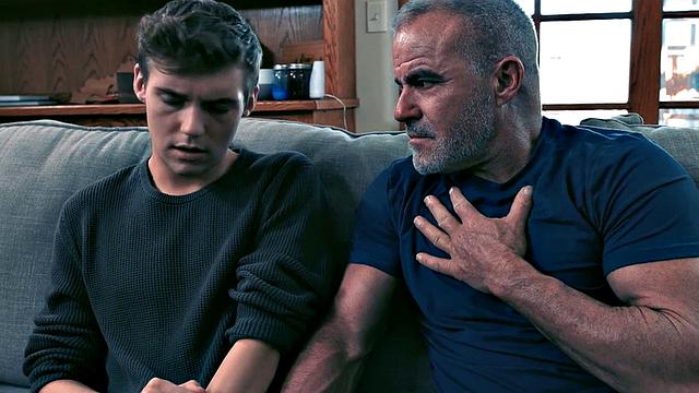 Stepdad barebacks stepson's tattooed BF in taboo 3some