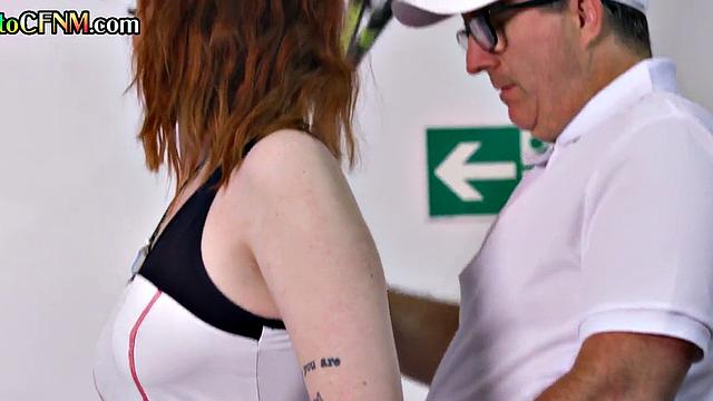 CFNM tennis femdoms wank lucky cock in handjob group