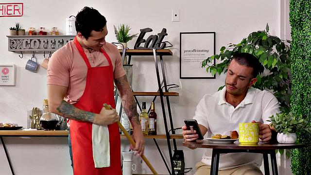 Deepthroated waiter bareback fucks his guest