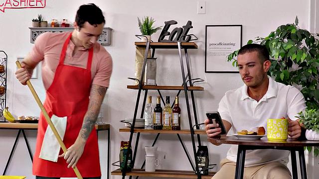 Deepthroated waiter bareback fucks his guest