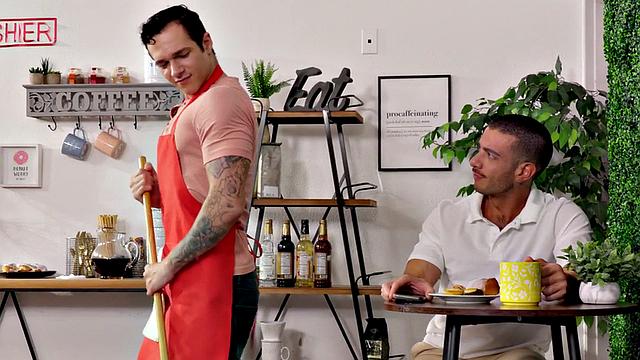 Deepthroated waiter bareback fucks his guest