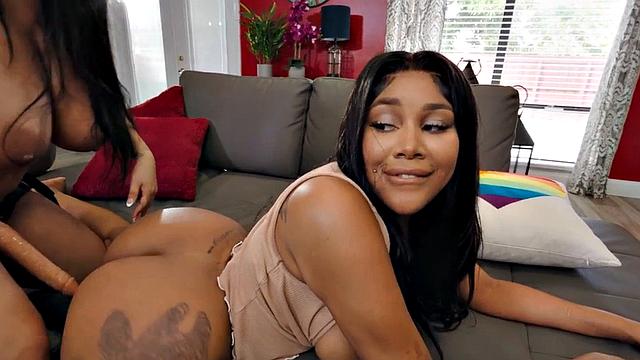 Ebony curvy stepsisters in 3some with stepbro