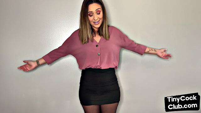 Brown-haired babe in thong and skirt talks dirty about small white shafts