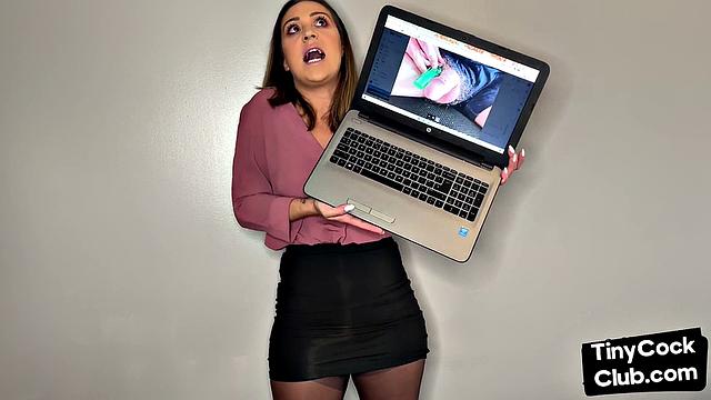 Brown-haired babe in thong and skirt talks dirty about small white shafts