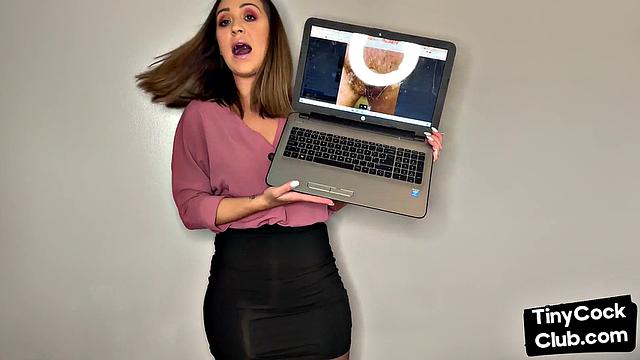 Brown-haired babe in thong and skirt talks dirty about small white shafts