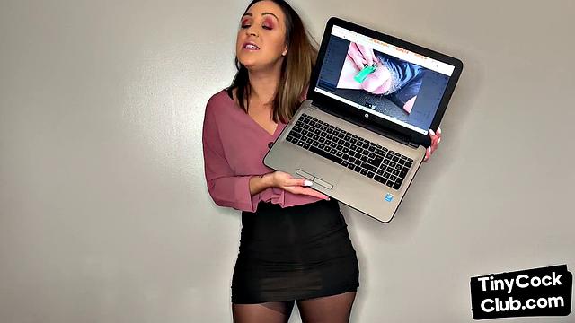 Brown-haired babe in thong and skirt talks dirty about small white shafts