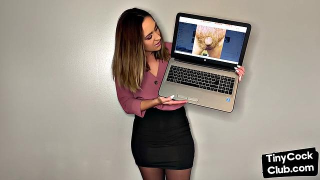 Brown-haired babe in thong and skirt talks dirty about small white shafts