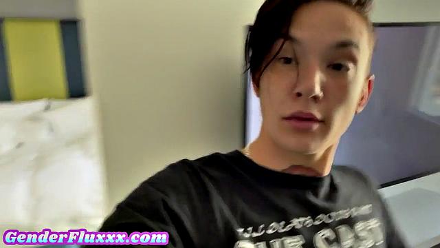 Inked genderfluid pounding with strapon