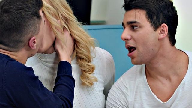 Babe sharing bisexual cock in threeway after sucking