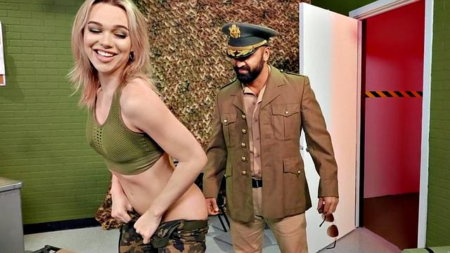 Curvy army trans backed by officer before sucking