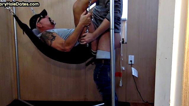 Real gaydaddy fucked at home in sling by cocksucking stud
