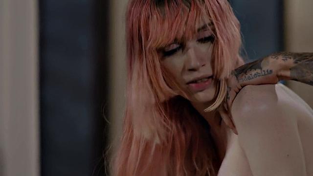 Busty TS babe with colored hair barebacked by BF