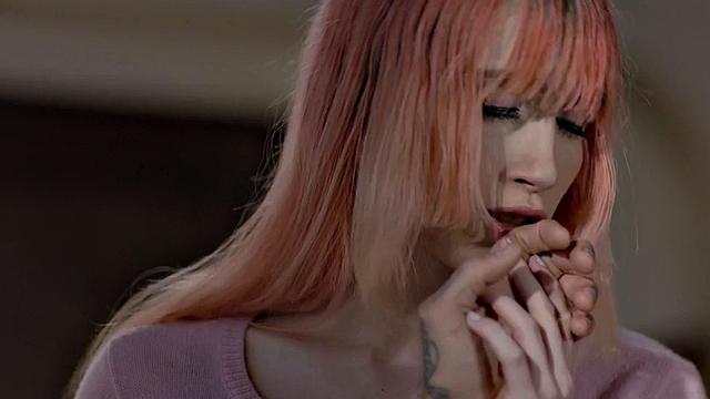 Busty TS babe with colored hair barebacked by BF