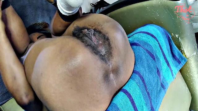 Texas Ebony Thot gets her hairy pussy and nipples soaked in hot piss