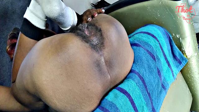 Texas Ebony Thot gets her hairy pussy and nipples soaked in hot piss
