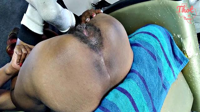 Texas Ebony Thot gets her hairy pussy and nipples soaked in hot piss