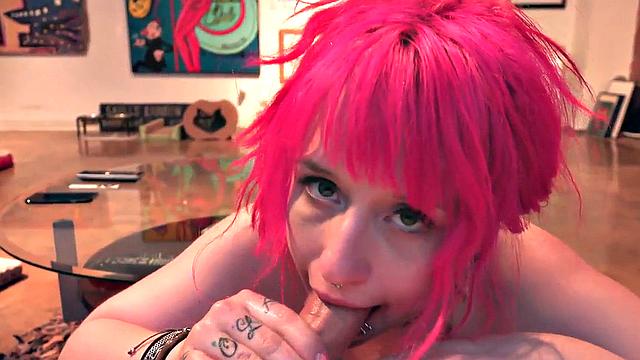 BJ pink-haired babe with piercings and tattoos throats POV cock